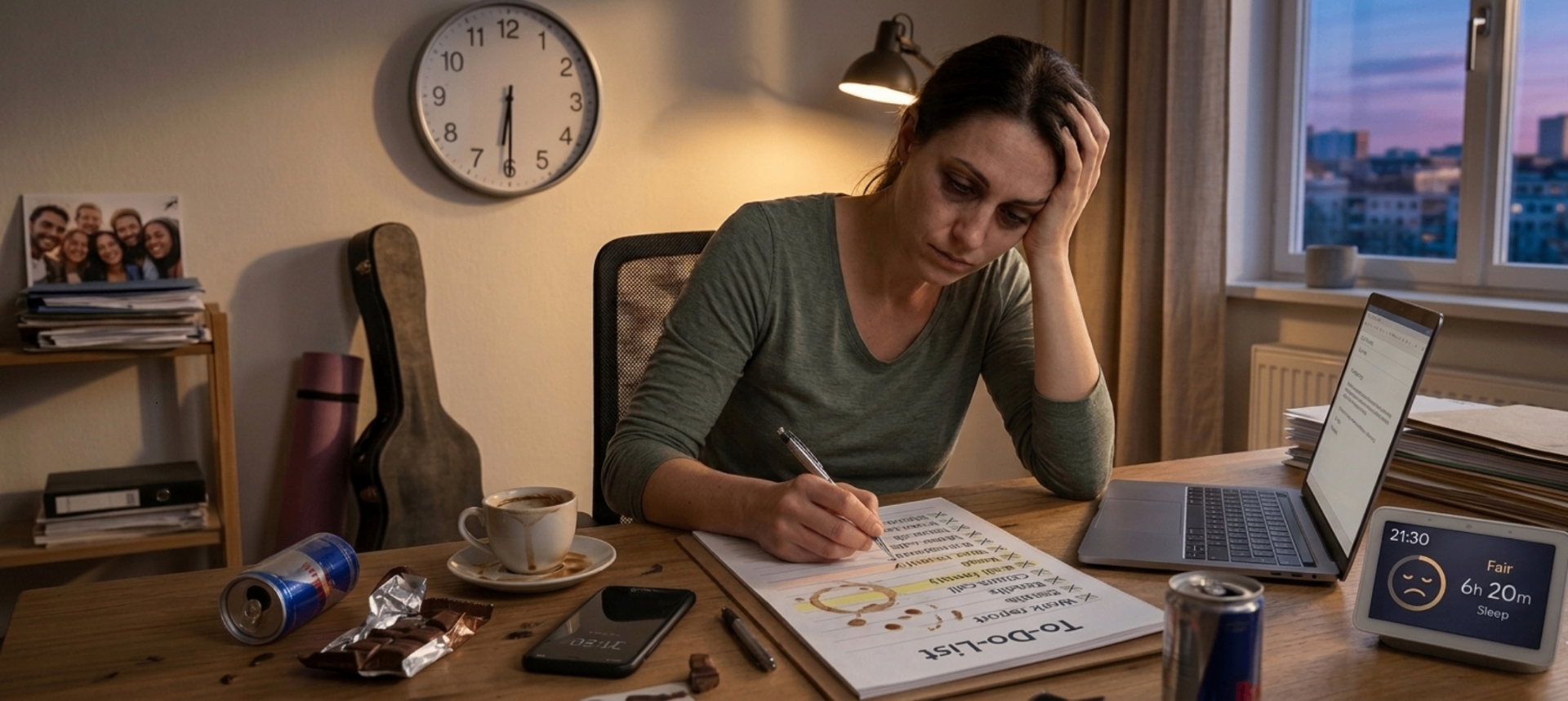 Erschöpfte Frau am Schreibtisch mit To-Do-Liste, Kaffee und Energy Drinks